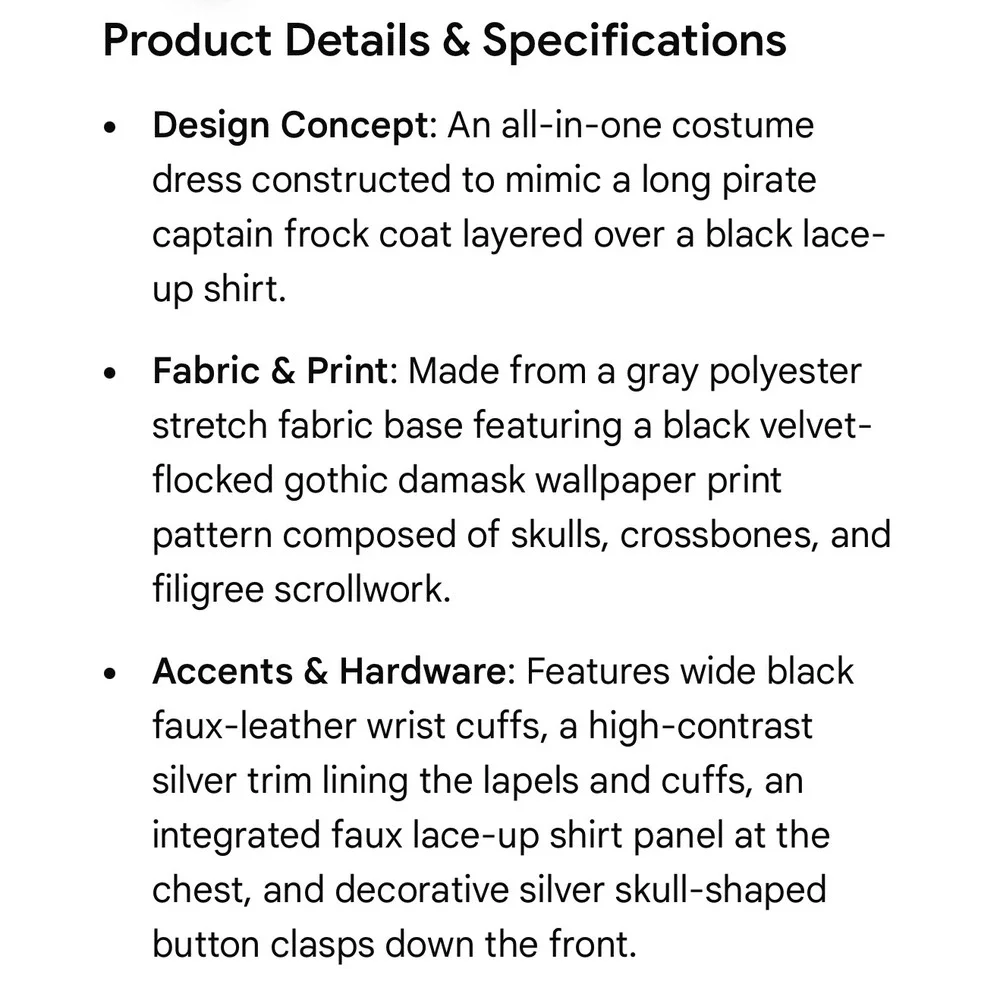 Spirit Halloween Gothic Pirate Skull Captain Costume Dress Kids Small Gray Black